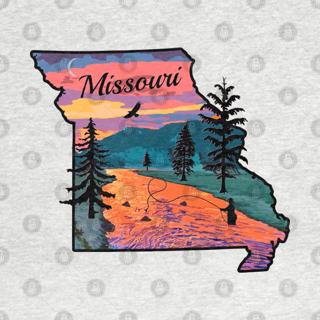 Fly Fishing Missouri State Map Mountain Sunset River Retro by TeeCreations